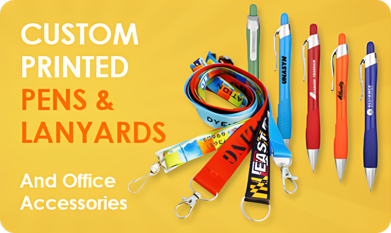 Custom printed pens and lanyards display
