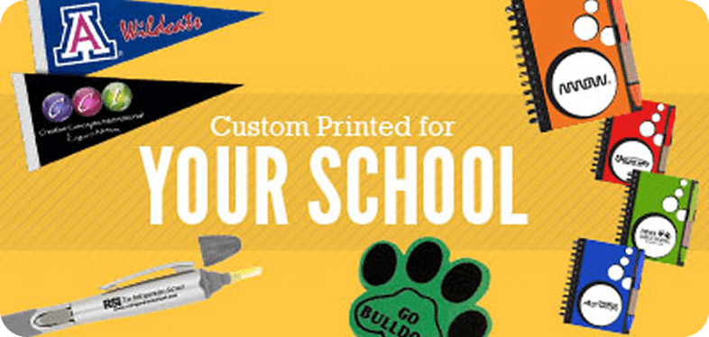 School-themed promotional items on yellow background